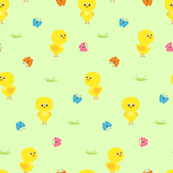 Žluté Roztomilé Kuřata Motýli Bezešvé Vzor Vektorové Pozadí Dětském Stylu — Stockový vektor