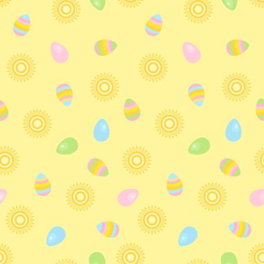 Paskalya geçmişi. Renkli yumurtaları olan sarı, pürüzsüz bir desen. Çizgi film düz çizimi.