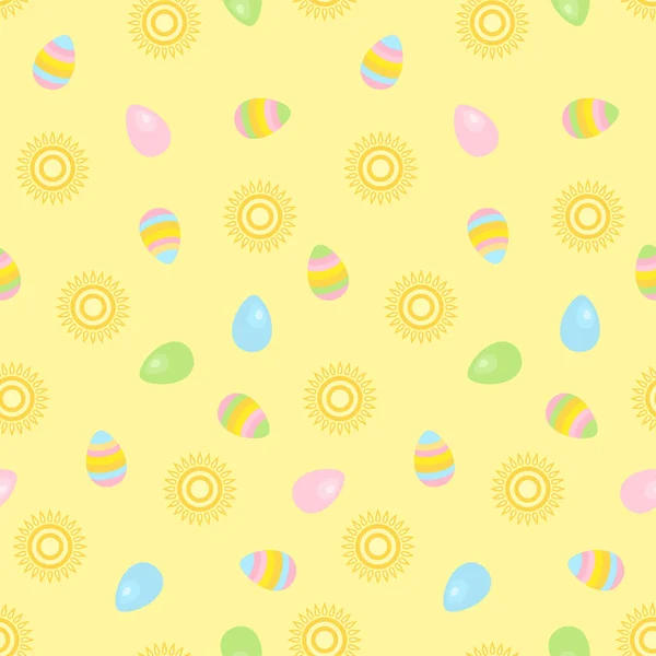 Tło Wielkanocne Żółty Bezszwowy Wzór Kolorowymi Jajkami Rysunek Płaska Ilustracja — Wektor stockowy