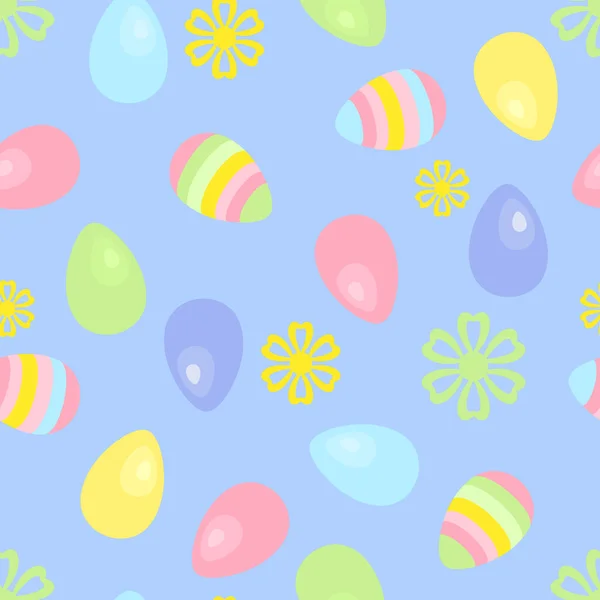 Patrón Sin Costura Pascua Fondo Azul Con Huevos Colores Flores — Vector de stock