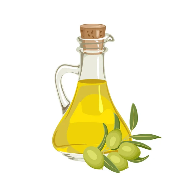 玻璃瓶中的橄榄油在白色背景上隔离 矢量卡通画 — 图库矢量图片