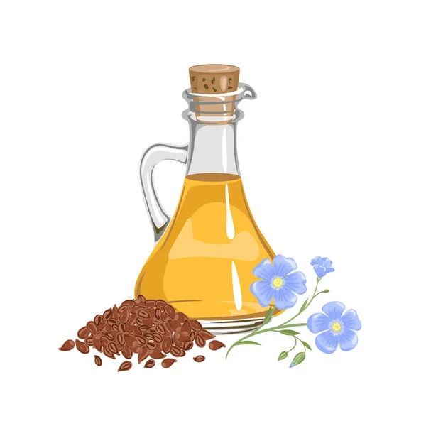Leinöl Glasflasche Haufen Von Samen Und Blumen Vektor Cartoon Illustration — Stockvektor