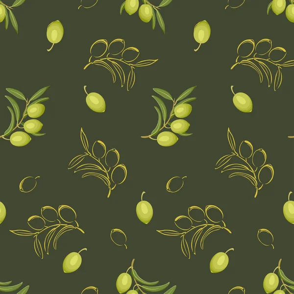 Oliven Nahtlose Muster Vektorhintergrund Mit Grünen Oliven Auf Dunklem Hintergrund — Stockvektor