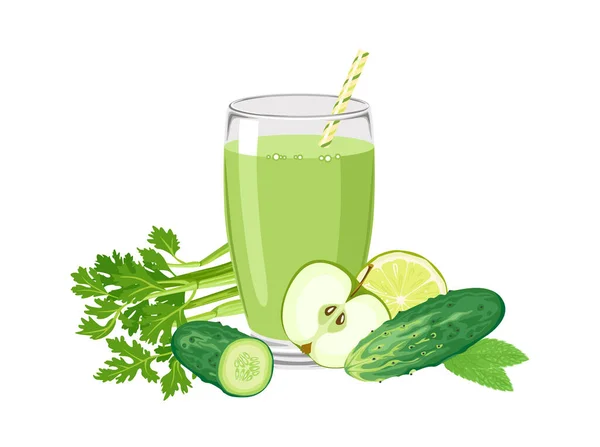 緑色のスムージーを飲みます 藁や野菜や果物のグループとガラスの健康的な有機飲料 ベクトル漫画イラスト — ストックベクタ