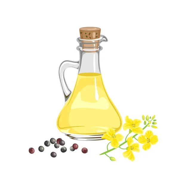 菜籽油在玻璃瓶中 黄花和一堆种子在白色的背景上隔离 矢量卡通画 — 图库矢量图片