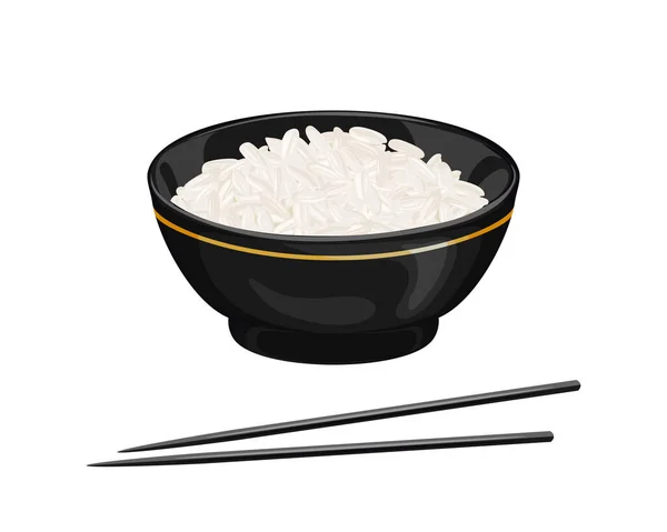 Приготовленный Белый Рис Черной Миске Палочки Еды Изолированы Белом Фоне — стоковый вектор