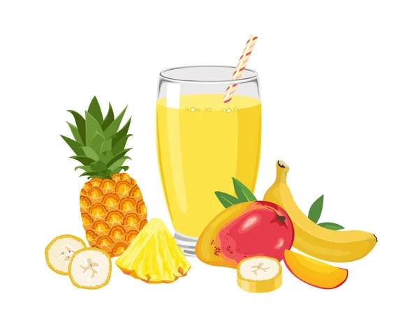 热带冰沙与菠萝 香蕉和芒果 健康的饮料装在白色的玻璃杯中 矢量卡通画 — 图库矢量图片