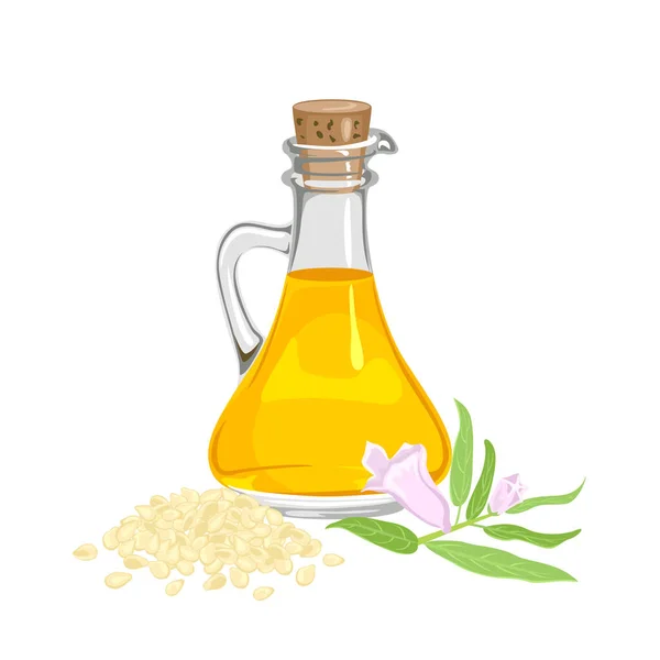 Sesamöl Glasflasche Blühende Pflanze Und Haufen Von Samen Isoliert Auf — Stockvektor
