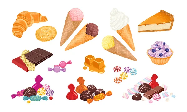 收集不同的糖果 冰淇淋 芝士蛋糕 奶油蛋糕 棉花糖 羊角面包和巧克力 一套糖果制作的矢量卡通画 — 图库矢量图片