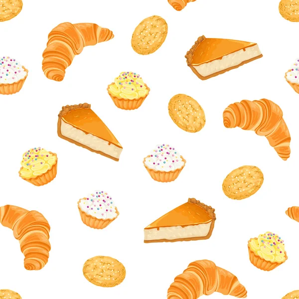 无缝制的图案 有糖果和糕点 向量背景与羊角面包 纸杯蛋糕和芝士蛋糕 甜点的卡通画 — 图库矢量图片