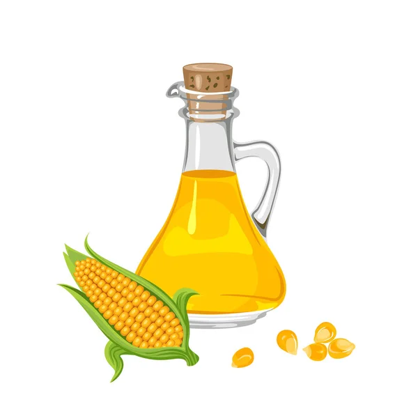 玻璃瓶中的玉米油和白色背景中隔离的黄色颗粒 玉米的病媒卡通画 — 图库矢量图片