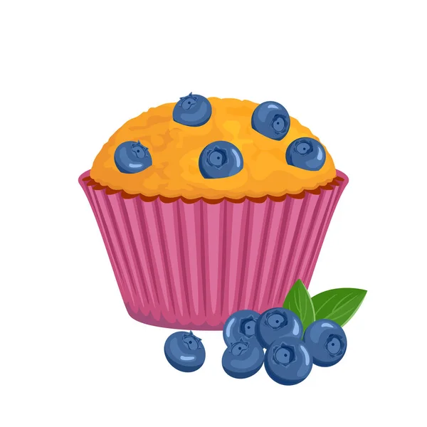 Blueberry Muffin Dan Setumpuk Berry Terisolasi Atas Putih Ilustrasi Kartun - Stok Vektor