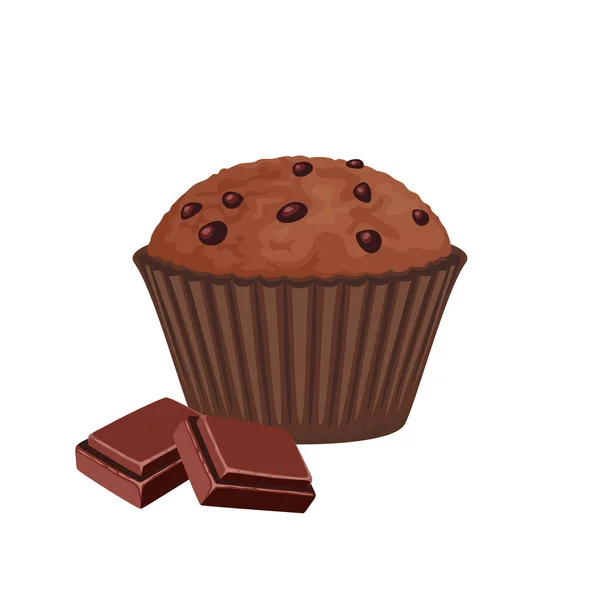 Coklat Muffin Dengan Potongan Coklat Terisolasi Pada Latar Belakang Putih - Stok Vektor
