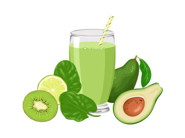 Grön Avgiftningssmoothie Med Spenatblad Lime Kiwi Och Avokado Superfood Vektor — Stock vektor