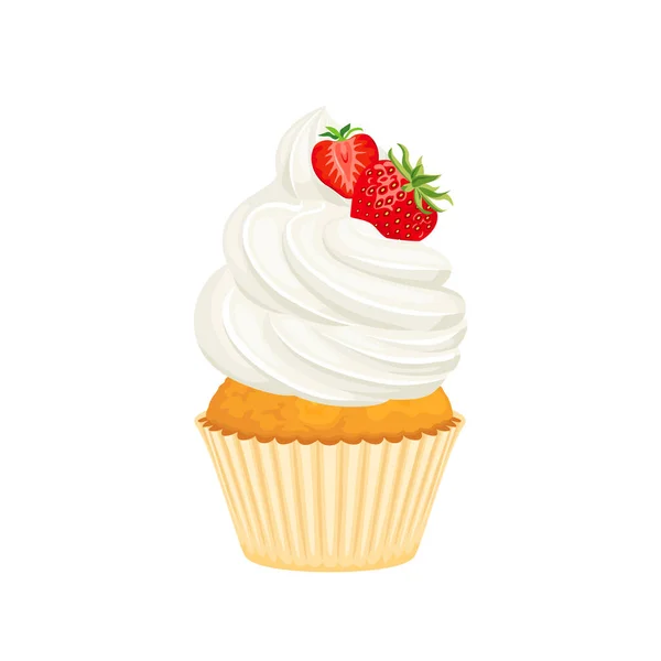 Erdbeer Cupcake Mit Frischkäse Zuckerguss Und Frischen Beeren Vektor Cartoon — Stockvektor
