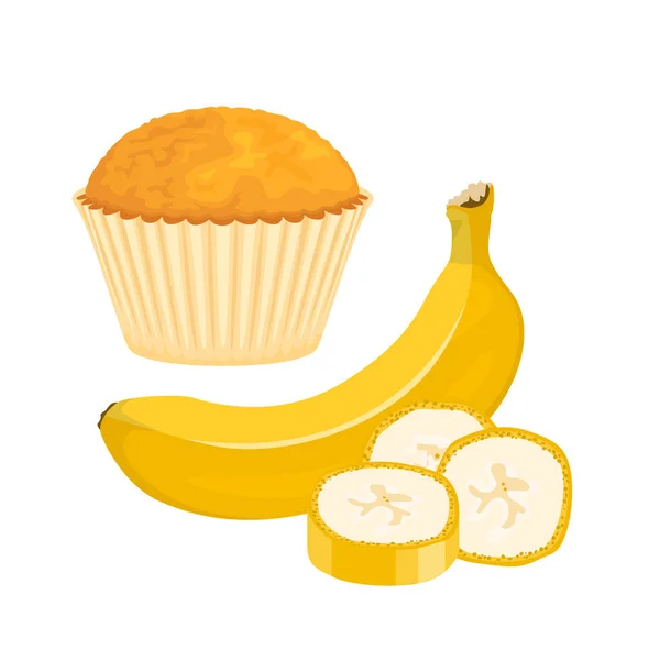 Bananenmuffin Vorhanden Vector Cartoon Illustration Von Frischem Cupcake Und Banane — Stockvektor