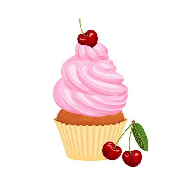 Cherry Cupcake Isolado Fundo Branco Ilustração Vetorial Bolo Com Chantilly — Vetor de Stock