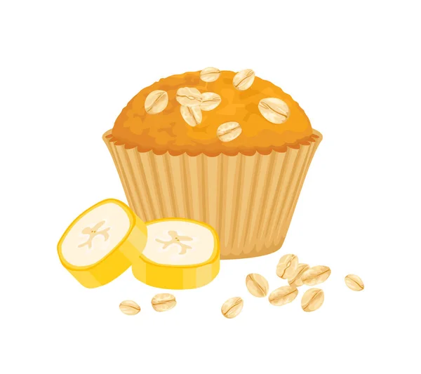 Banana Muffin Dengan Oat Diisolasi Pada Latar Belakang Putih Ilustrasi - Stok Vektor
