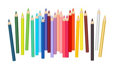 Renkli kalemler beyaz arka plana saçılmış. Çizim için parlak kalemler. Okul malzemeleri üzerine vektör çizgi filmi düz illüstrasyon.