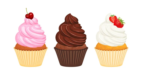 一套带有奶油的纸杯蛋糕 巧克力 樱桃和草莓蛋糕 甜食的矢量卡通画 — 图库矢量图片