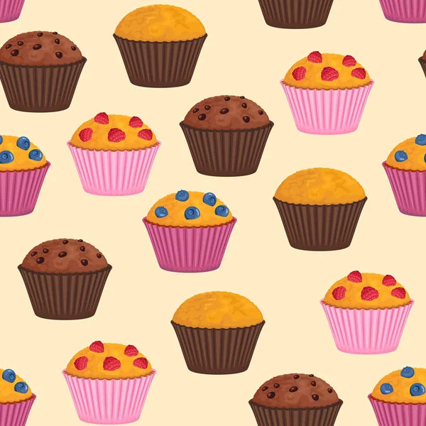 松饼无缝图案 向量背景与传统甜糕点 用覆盆子 蓝莓和巧克力制作纸杯蛋糕的卡通画 — 图库矢量图片