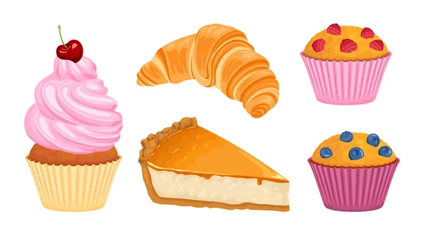 甜甜的糕点羊角面包 芝士蛋糕 樱桃杯蛋糕与奶油 松饼与蓝莓和覆盆子分离的白色背景 矢量卡通画 — 图库矢量图片