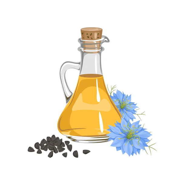 玻璃瓶中的黑黄瓜籽油 健康食品的病媒卡通画 甘草花和种子 — 图库矢量图片