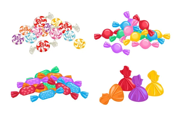 Ensemble Tas Bonbons Dans Des Emballages Colorés Illustration Vectorielle Bonbons — Image vectorielle