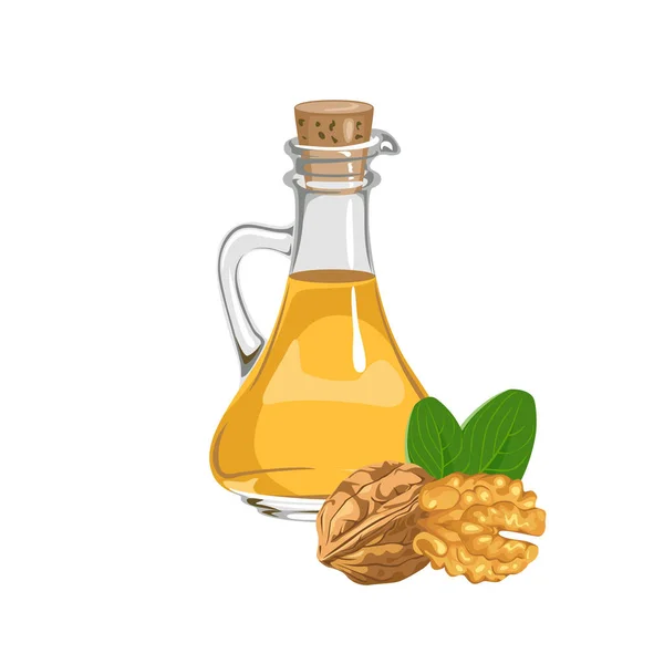 Ořechový Olej Skleněné Láhvi Izolovaný Bílo Vektorové Kreslené Jídlo Ilustrace — Stockový vektor
