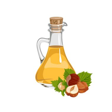 Cam şişedeki fındık yağı beyaza izole edilmiş. Vektör çizgi film yemek çizimi. 