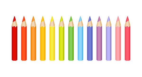 Small colored wooden pencils isolated on white background. Crayons in rainbow colors. Vector cartoon flat illustration.
