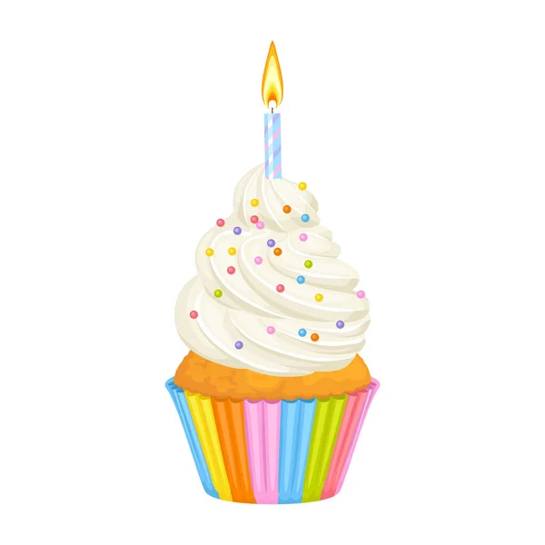 stock vector Birthday cupcake with candle isolated on white. Vector cartoon illustration of birthday cake.