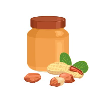 Cam kavanozda fıstık ezmesi ve beyaz arka planda izole edilmiş fındık. Vektör çizgi film illüstrasyonu.