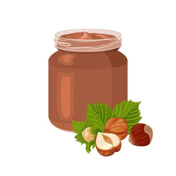 巧克力上撒满了榛子 玻璃罐和坚果堆中牛油的矢量卡通画 — 图库矢量图片