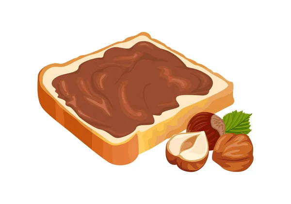在白色背景下 用巧克力奶油和榛子包裹的面包片被分离出来 甜食的矢量卡通画 — 图库矢量图片