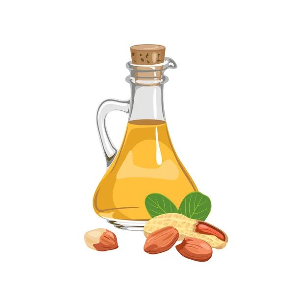 Erdnussöl Glasflasche Und Haufen Von Nüssen Isoliert Auf Weiß Vektorgrafik — Stockvektor