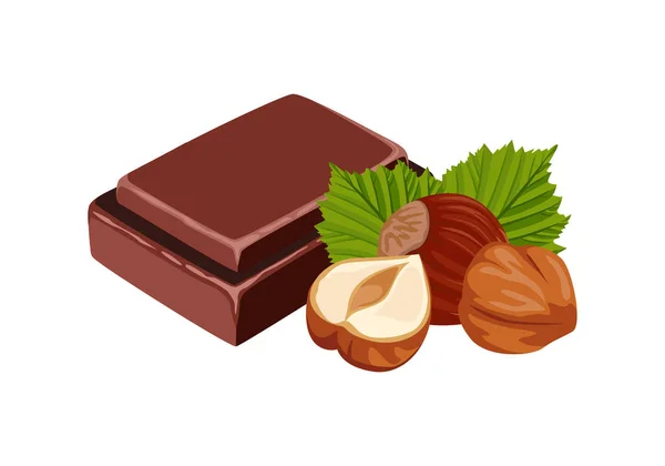 Noisette Chocolat Noir Isolés Sur Fond Blanc Illustration Plate Dessin — Image vectorielle