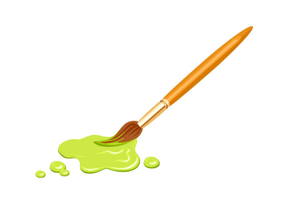 Artist brush and spot of green paint isolated on white background. Icon of tool fo drawing. Vector cartoon flat illustration.