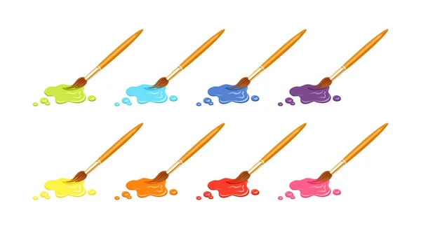 Ein Satz Pinsel Und Farbtupfer Verschiedenen Farben Symbole Als Werkzeug — Stockvektor