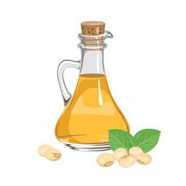Cam şişede soya fasulyesi yağı. Sağlıklı organik gıdaların vektör çizimi