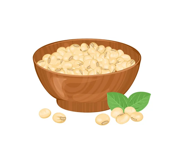 Soybeans Wooden Bowl Isolated White Background Vector Cartoon Illustration — Stock Vector