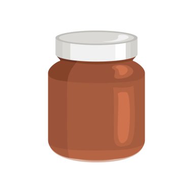 Beyaz üzerine izole edilmiş cam kavanoza yayılmış çikolata fındığı. Vektör karikatür düz çizim. Gıda simgesi.