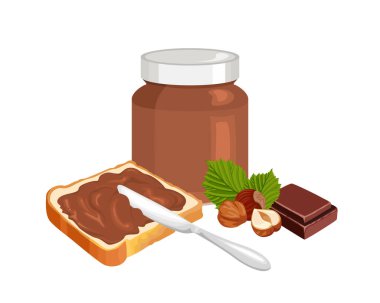 Fındıklı çikolata, bir parça ekmek, bıçak, cam kavanoz ve beyaz arka planda izole edilmiş bir yığın fındık. Nougat kreminin vektör çizimi.