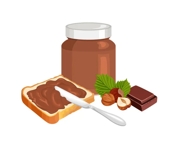 Schokoladenaufstrich Mit Haselnüssen Toastbrot Messer Glas Und Einem Haufen Nüsse — Stockvektor