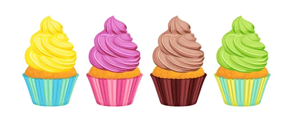 Cupcake Compleanno Con Crema Set Vettoriale Illustrazione Cartone Animato Torte — Vettoriale Stock