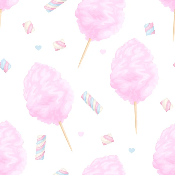 Różowe Waty Cukrowej Pianki Białym Tle Płynny Wzór Słodyczami Ilustracja — Wektor stockowy