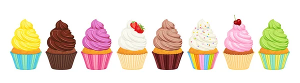 Cupcakes Com Conjunto Chantilly Fila Diferentes Bolos Coloridos Festivos Brilhantes —  Vetores de Stock