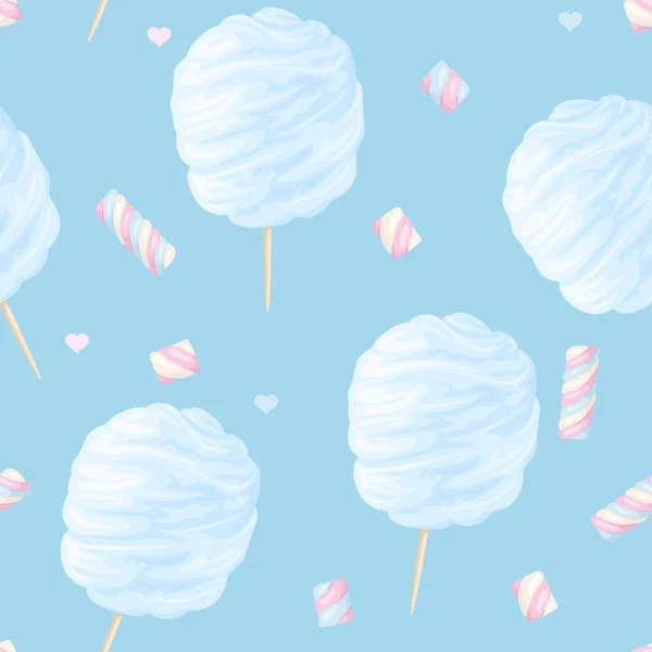 蓝色棉花糖和棉花糖无缝图案 背景与糖果 矢量卡通画 — 图库矢量图片