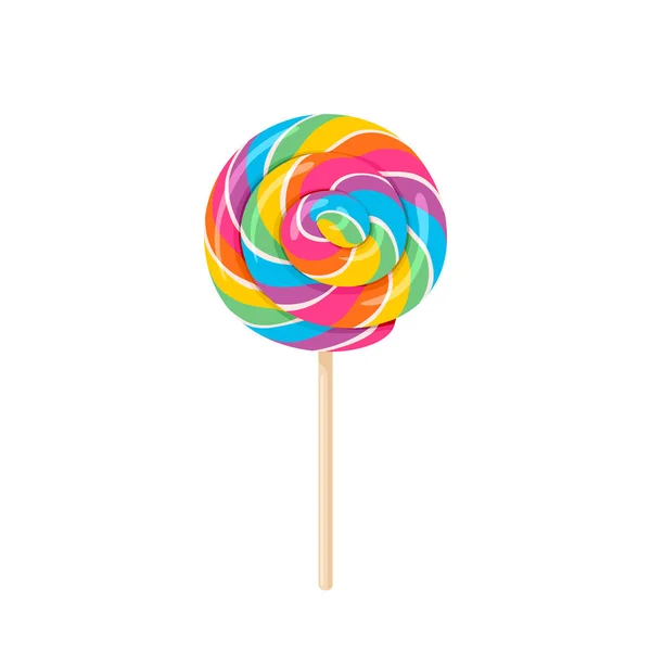 Colorful Rainbow Lollipop Wooden Stick Vector Cartoon Flat Illustration Swirl — Stock Vector