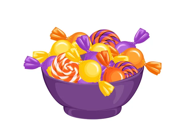 Bowl Yellow Orange Purple Candies Vector Cartoon Illustration Bright Sweets — Stock Vector